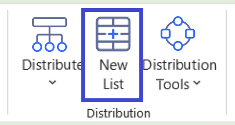 Velixo NX ribbon showing the New List button in the Distribution section
