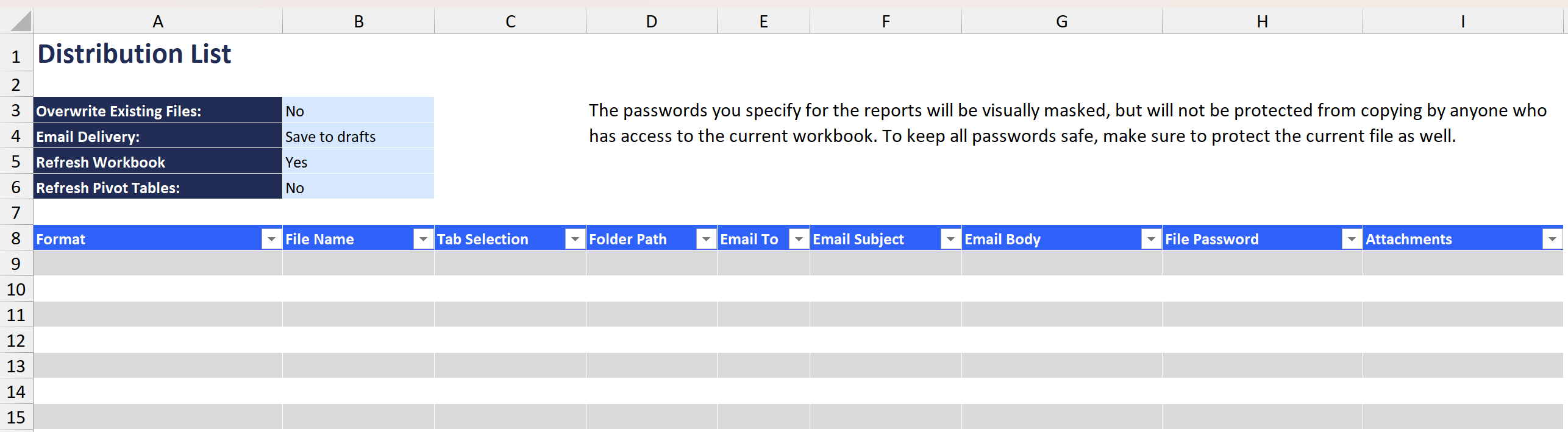 New Distribution List worksheet in Velixo NX with all standard column headers and blank rows