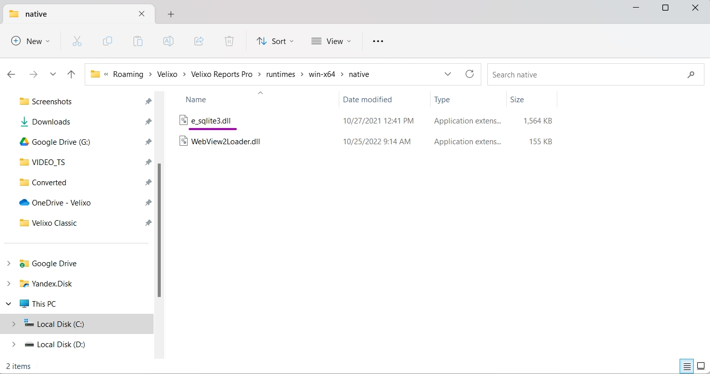 Windows File Explorer showing the Velixo runtimes win-x64 native folder with the e_sqlite3.dll file visible
