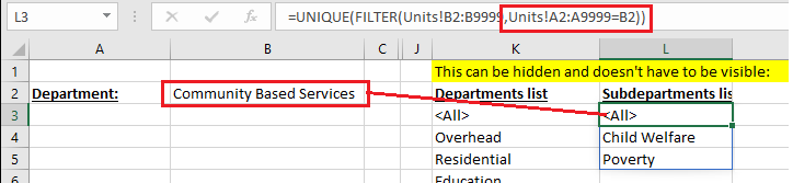 Excel formula returning Sub-departments that match the currently selected Department