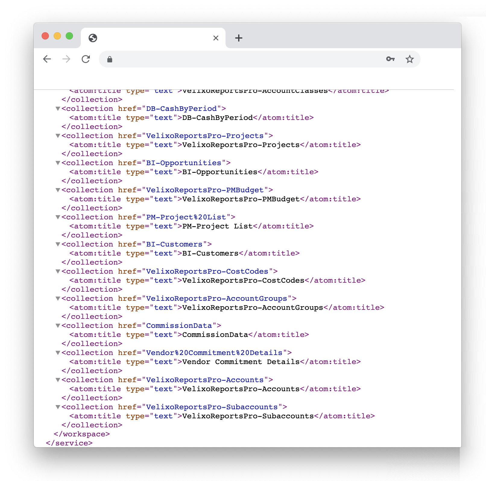 Browser showing the OData XML feed listing VelixoReportsPro Generic Inquiries exposed to OData