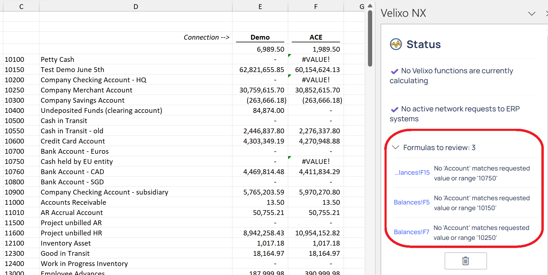 Velixo NX side panel showing a formula flagged in the Formulas to Review section after a report refresh