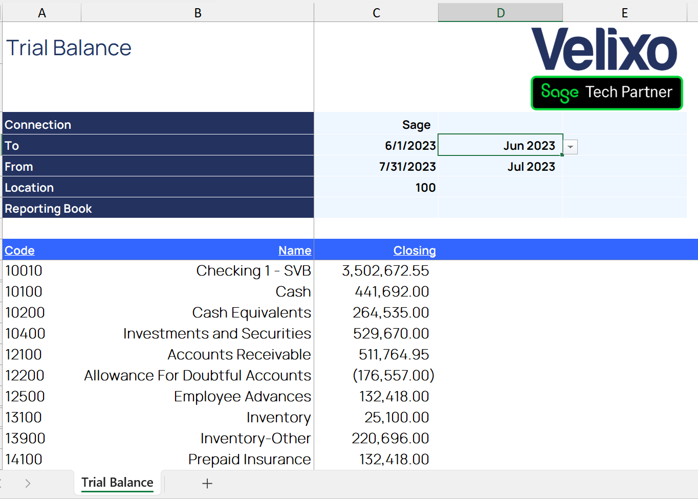 Completed workbook showing only the protected report with the PeriodList worksheet hidden