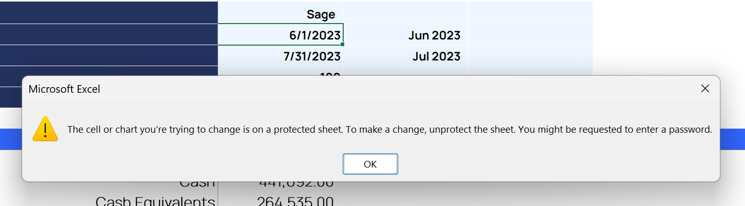 Protected report displaying an error when a user attempts to edit the date cells directly