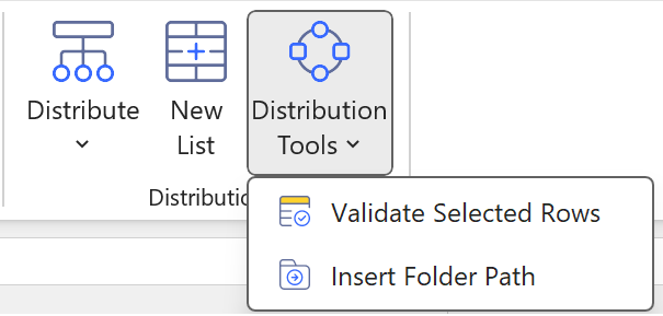 Velixo NX Distribution Tools menu showing the Validate and Insert Folder Path options