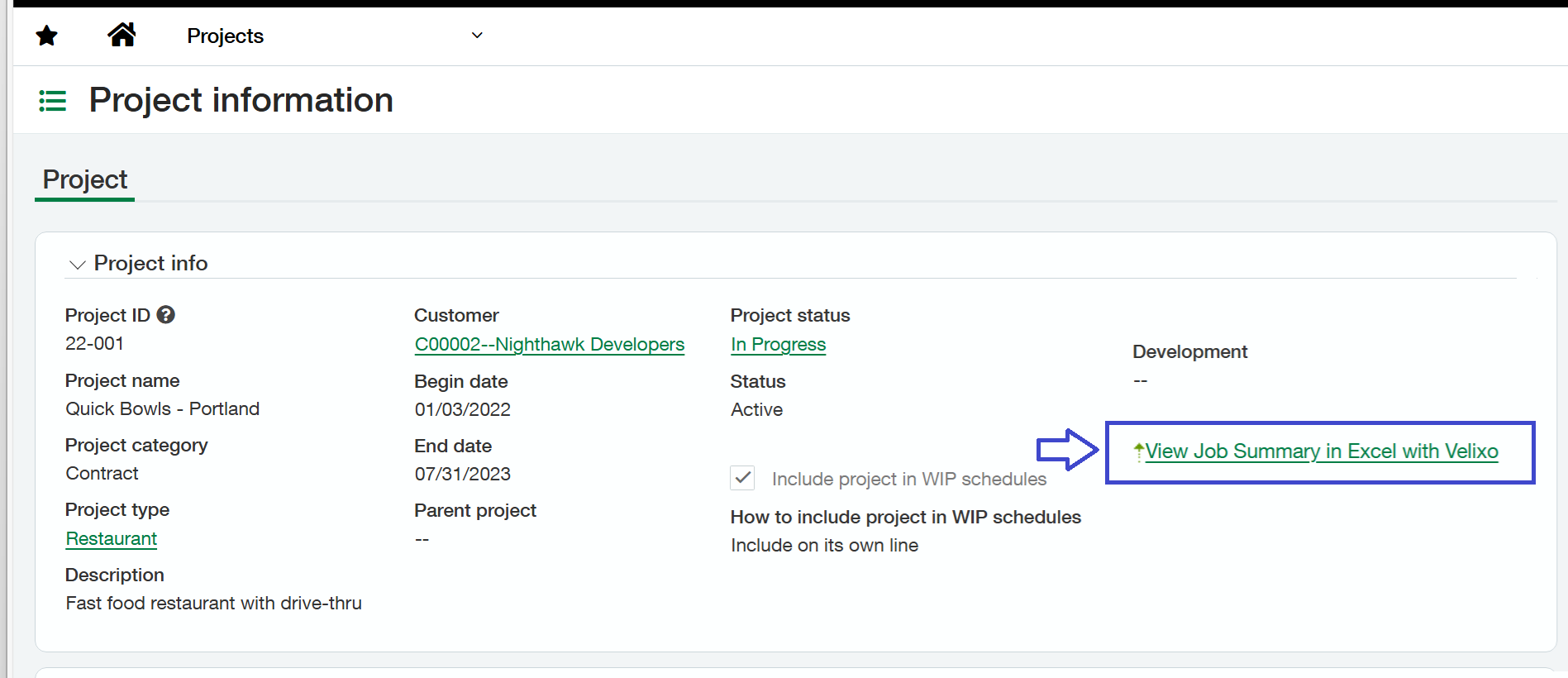 Sage Intacct Project Information page with the new Job Summary Report Smart Link visible
