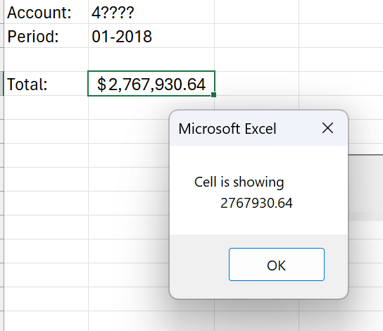 Excel worksheet showing a cell with complete data after AsyncCalculations is set to FALSE