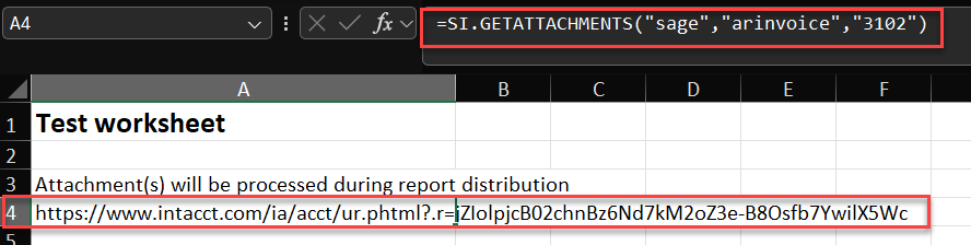 Excel cell showing the SI.GETATTACHMENTS function returning a Sage Intacct object URL