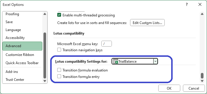 Excel Advanced Options dialog with the Transition navigation keys checkbox unchecked, showing the corrected setting
