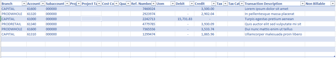 Journal entry rows in Excel showing data entered for each GL entry line including account, debit, and credit amounts