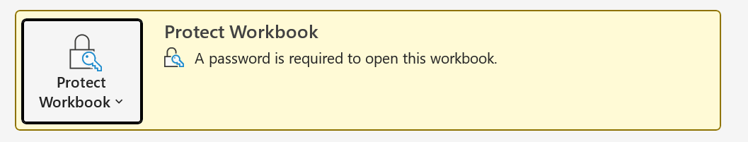 Excel File Info page showing workbook encrypted with password protection noted in the Protect Workbook section