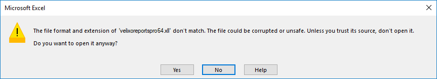 Excel warning dialog stating the file format and extension of VelixoReportsPro64.xll don't match and asking whether to open it anyway