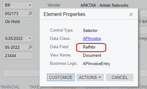 The Acumatica Bills and Adjustments screen showing the RefNbr field name used in the WRITEBACK output parameter