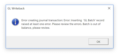 A writeback validation message showing an error for a journal entry that is out of balance or uses an invalid GL account