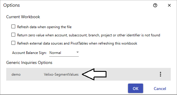Velixo GI Options dialog with the Velixo-SegmentValues inquiry listed