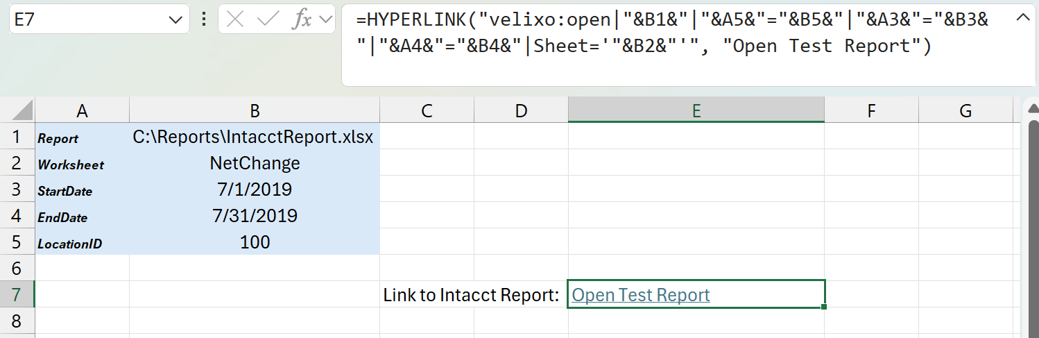 Excel formula bar showing a Velixo Smart Link HYPERLINK function with cell references for all report arguments