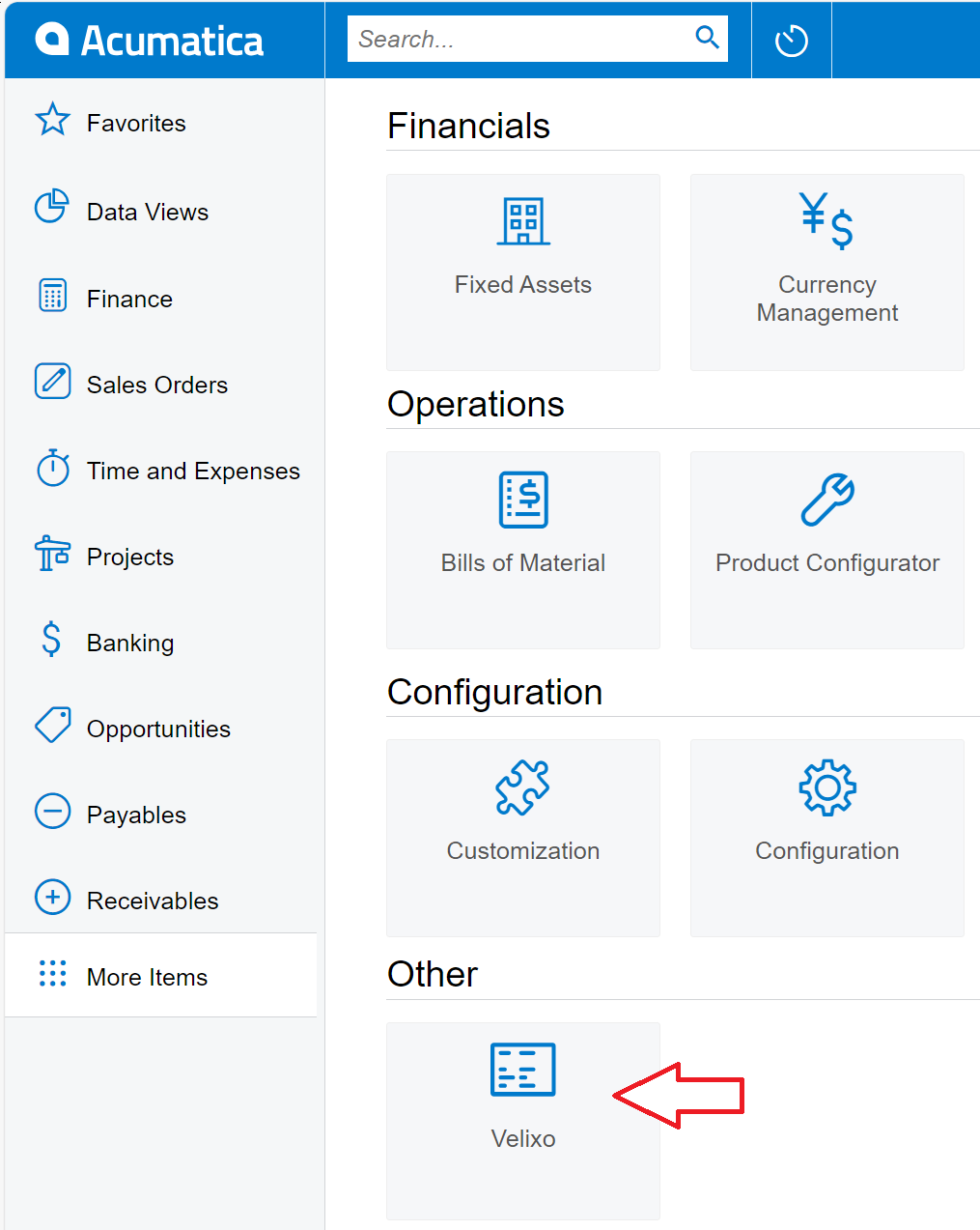 Acumatica sidebar showing the Velixo workspace added by the customization package