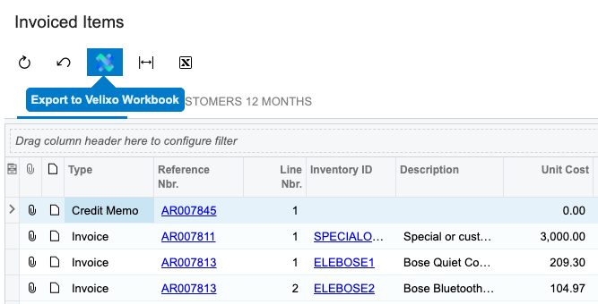 Acumatica Generic Inquiry screen with the Export to Velixo Workbook button (Velixo logo) highlighted in the toolbar