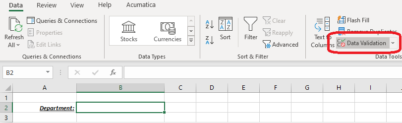Excel ribbon with Data Validation button highlighted for creating the Department dropdown