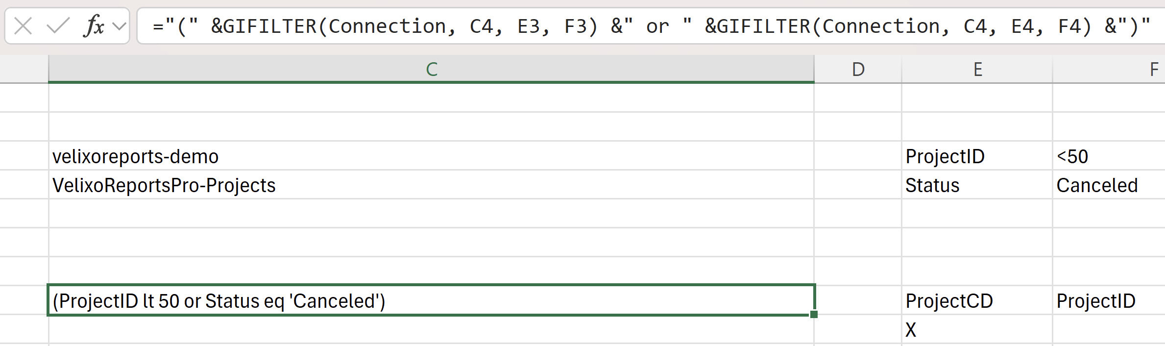 Excel worksheet showing the combined filter as a single bracketed OData expression joining two columns with or