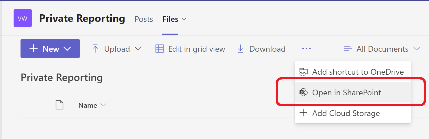 Teams Files menu with Open in SharePoint option highlighted