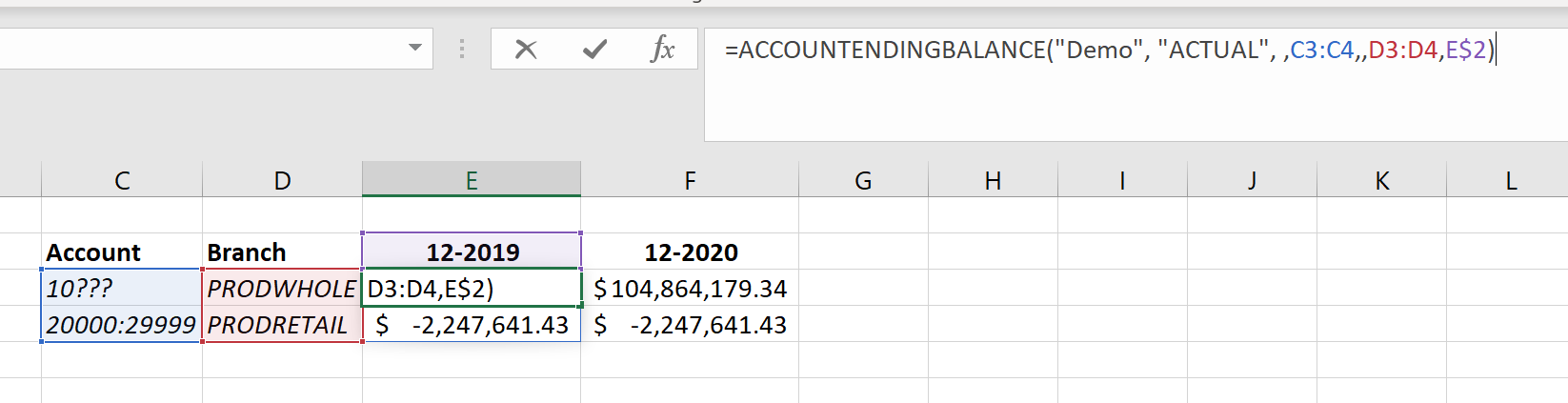Excel worksheet showing a Velixo GL function with both ACCOUNT and BRANCH arguments referencing separate cell ranges