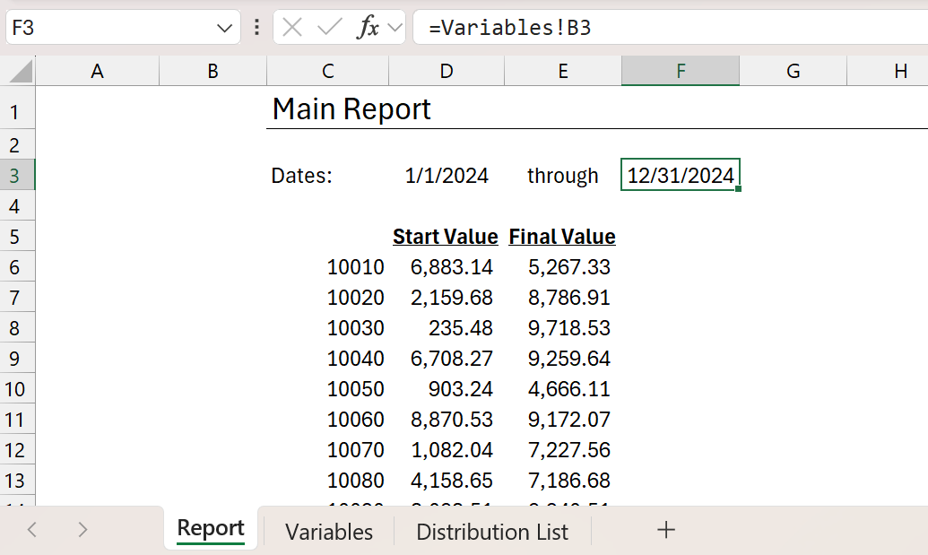 Report worksheet referencing date values from a separate Variables worksheet