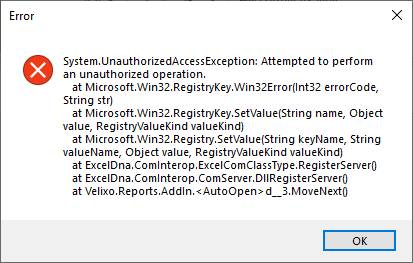 Older Velixo error dialog showing an Unauthorized Access Exception when accessing the VBA registry key