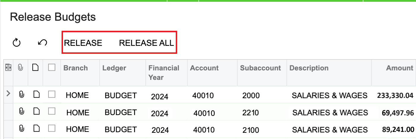 Acumatica Release Budgets screen with budget records selected and the Release action button highlighted