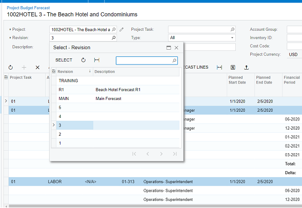 The Project Budget Forecast screen in Acumatica showing forecast revisions for a project