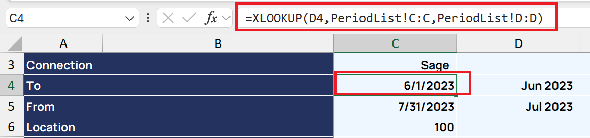 Report with Start Date and End Date cells updated by XLOOKUP formulas based on the selected period