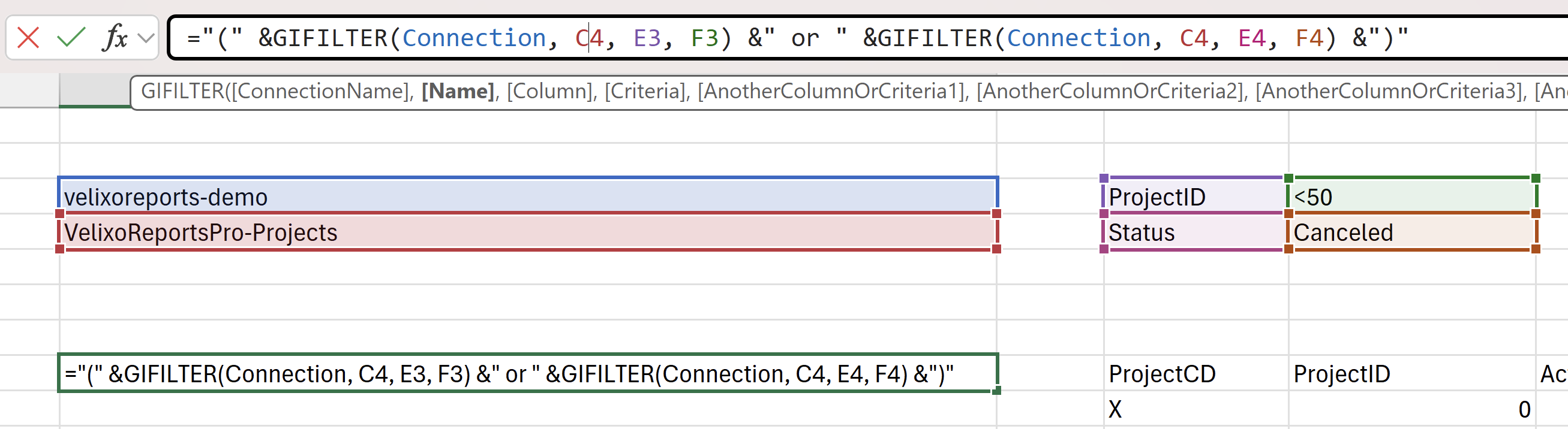 Excel worksheet showing two GIFILTER calls concatenated with the text or and wrapped in parentheses