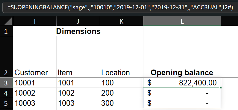 Excel multi-column array with the dimension name in the first row and individual dimension values listed in subsequent rows below
