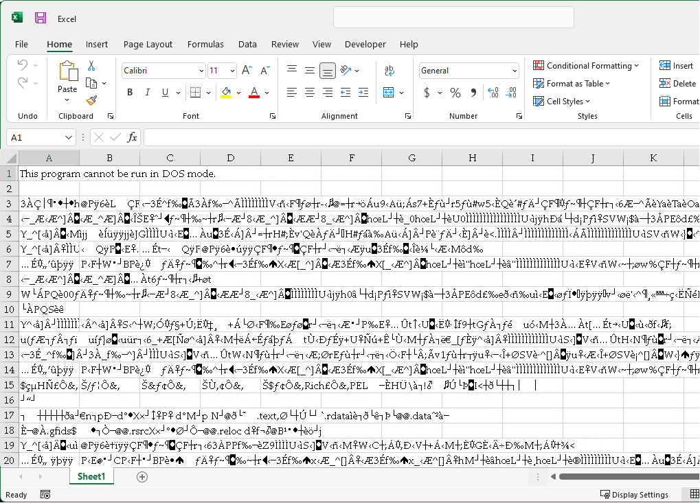 Excel spreadsheet displaying garbled text starting with 'This program cannot be run in DOS mode' after opening the mismatched XLL file