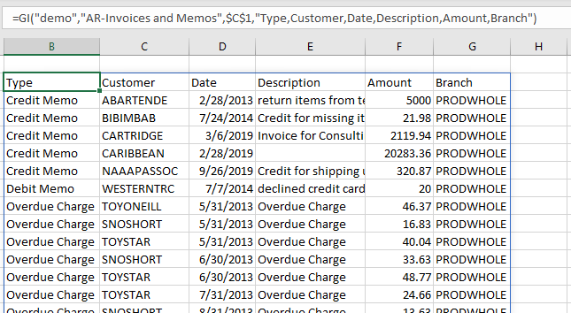 Excel worksheet showing a GI function returning Generic Inquiry data based on GIFILTER parameters