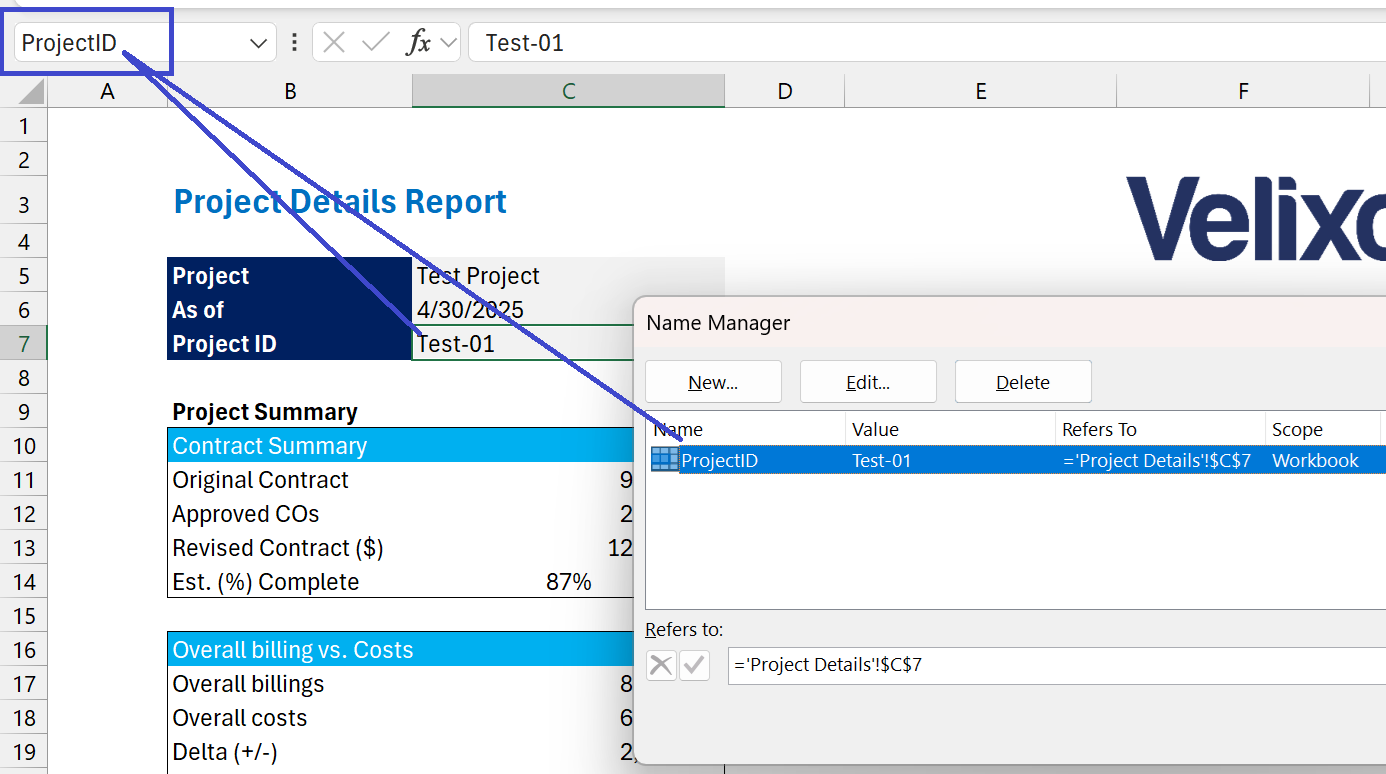 Excel workbook with a ProjectID named range cell on the Project Details worksheet
