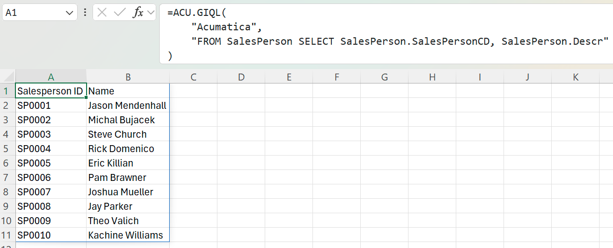 Excel spill range returned by ACU.GIQL listing Acumatica salesperson IDs and descriptions beneath a header row