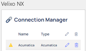Velixo NX connections panel showing a connection name with a yellow triangle warning icon to its right