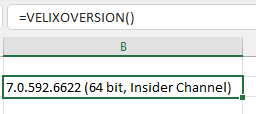 Excel cell showing the result of the VELIXOVERSION function displaying the installed version number