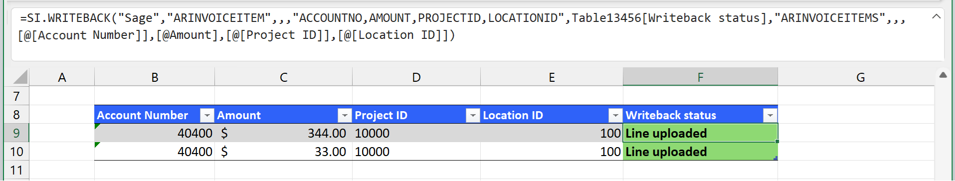 Excel table for ARINVOICEITEMS line items with Account Number, Amount, Project, and Location columns, including an SI.WRITEBACK function referencing the parent ARINVOICE record