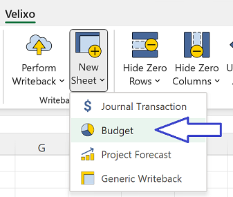 The New Sheet button pulldown on the Velixo ribbon, with the Budget option highlighted