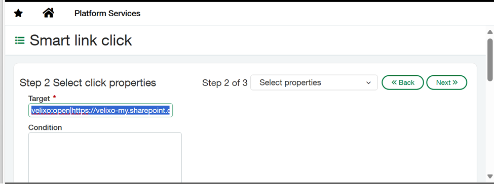 Sage Intacct Smart Link Target field containing the velixo open command with SharePoint path and ProjectID argument