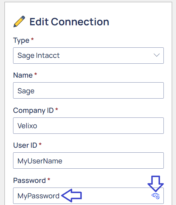 Velixo NX Sage Intacct connection dialog with the password field visible and the eyeball icon highlighted to reveal the password