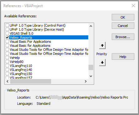 VBA References dialog with Velixo Reports checked in the available references list