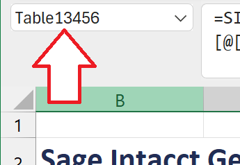 Excel Name Box showing the table named Table13456
