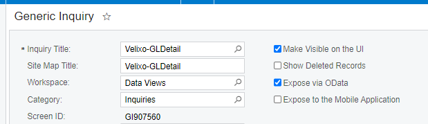 Generic Inquiry settings showing Make Visible on the UI and Expose via OData flags both checked