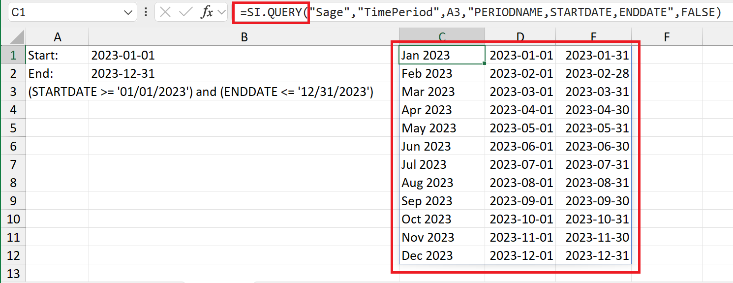 SI.QUERY function retrieving period start and end dates from Sage Intacct using the filter result