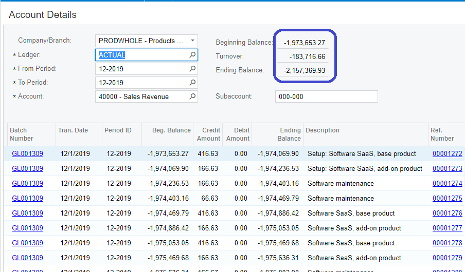 Acumatica Account Details screen showing underlying journal transactions for the selected balance