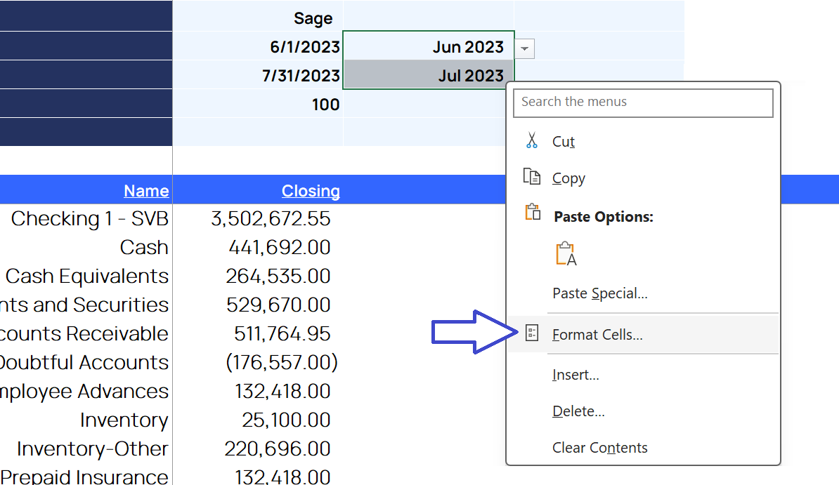 Excel Format Cells dialog open for the period selection cells to mark them as unlocked