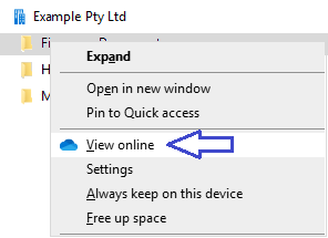 Windows File Explorer context menu showing the View online option for a SharePoint folder